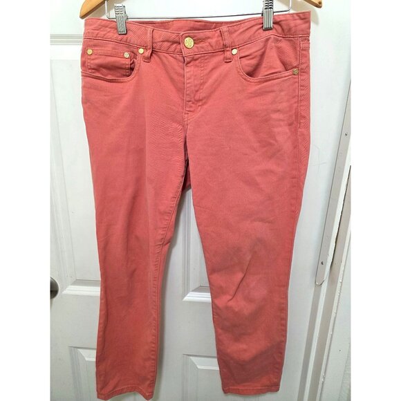 TORY BURCH Women's Coral Pink Straight Leg Jeans Gold Logo Hardware Size 30 - Picture 2 of 10